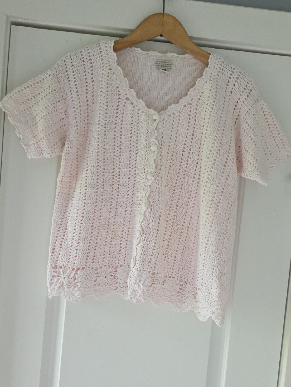 VINTAGE Light Pink Crochet Knit Button Front Cardigan Top